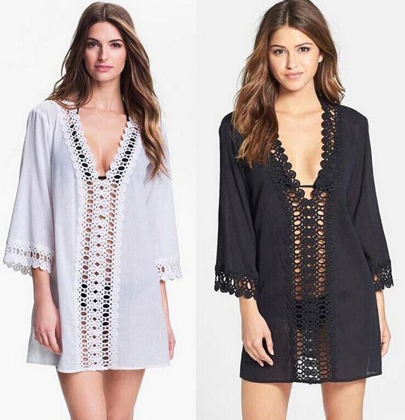 

2018 new bikini beach cover ups long sleeve women summer lace blouses vacation shirts beachwear swimwear, White