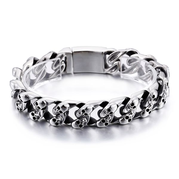 

kb80115-bd 8.66'' 15mm black pure stainless steel skeleton skull link chain bracelet holiday gifts for family gifts