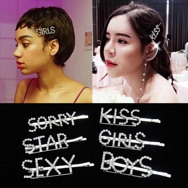 

european and american net red letters ins hair accessories joker rhinestone kiss love clip hair clip bangs children, Golden;white