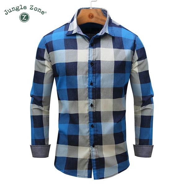 

european large size men's lapel shirt casual denim style shirt washed men's plaid long sleeve button down shirts, White;black