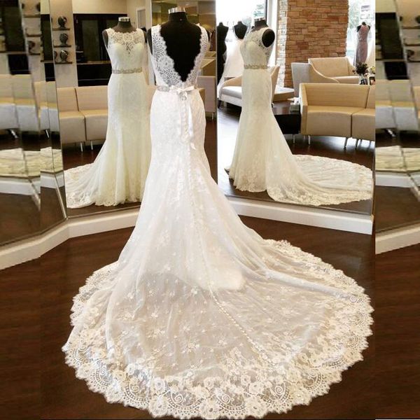 

старинные кружева русалка свадебные платья sheer jewel neck без рукавов свадебные платья с открытой спиной с кристаллами бисером sash court, White