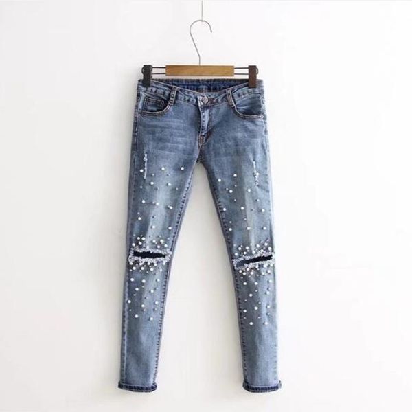 

26-30 women's trousers slim fit hips thin mid-rise jeans beaded hole fashion joker light jeans, Blue
