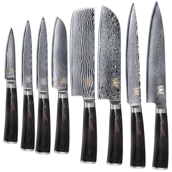 

new brand vg10 damascus steel knife 8 pcs set color wood handle japanese steel kitchen knife professional knives set