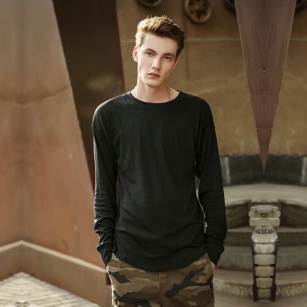 

2018 autumn long sleeve t-shirt men casual jog oversize tshirt men hip hop t shirt loose style clothes curved hem tee, White;black