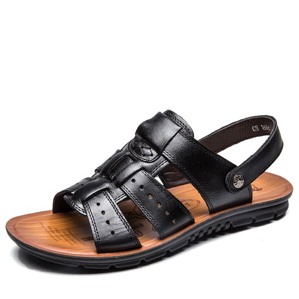 

fashion leisure men's sandals genuine leather basic front rear strap summer shoes low sewing solid men beach shoes, Black
