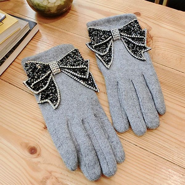 

2018 brand gloves women winter wool fingerless gloves bling rhinestone bow double warm elegant mittens female guantes gifts, Blue;gray