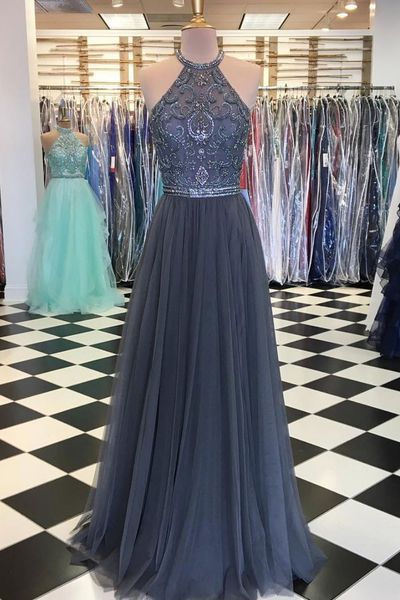 

fashion grey dresses evening party wear long formal gowns halter sheer crystal beaded chiffon backless plus size prom dress, Black;red