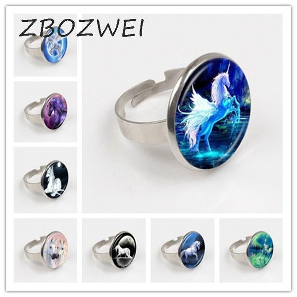

zbozwei 2018 moonlight unicorn p ring horse with wings jewelry glass cabochon ring women fashion jewelry, Golden;silver
