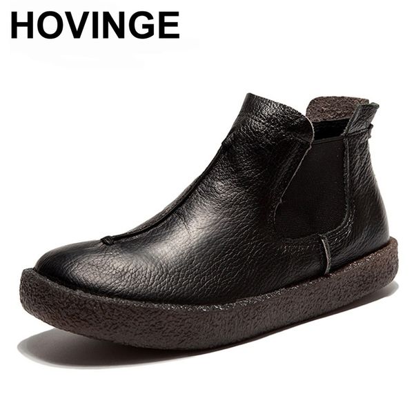 

hovinge autumn women ankle boots vintage genuine leather slip on women boots soft cowhide short flat casual shoes, Black