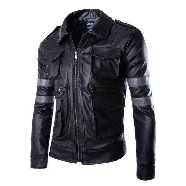 

wholesale- game resident evil 6 leon jacket gentlemen cavalier men pu leather jacket motorcycle outerwear man jacket man coat, Black