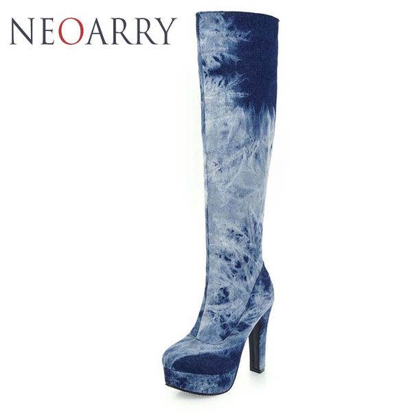 

neoarry women's winter boots women high heels knee high boots zip denim round platform thigh large size 33-50 t18, Black