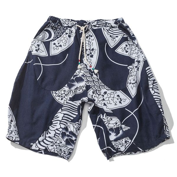 

new 2018 summer chinese vintage floral print cotton and linen elastic waist loose thin shorts men men's plus size clothing dk5, White;black