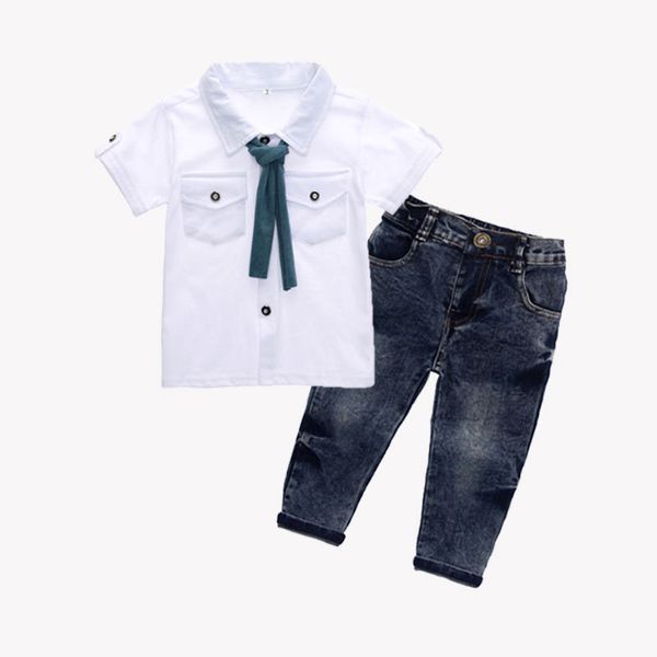 

children clothing sets boys clothes summer toddler short sleeve t-shirt+jeans for sport suits wear 2-7 year kids clothes k1, White