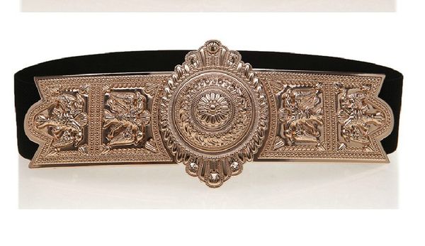 

10 pieces/lot) woman gold embossed baroque detail long keeper elastic wide belt fashion lady luxury metal elastic girdle, Black;brown
