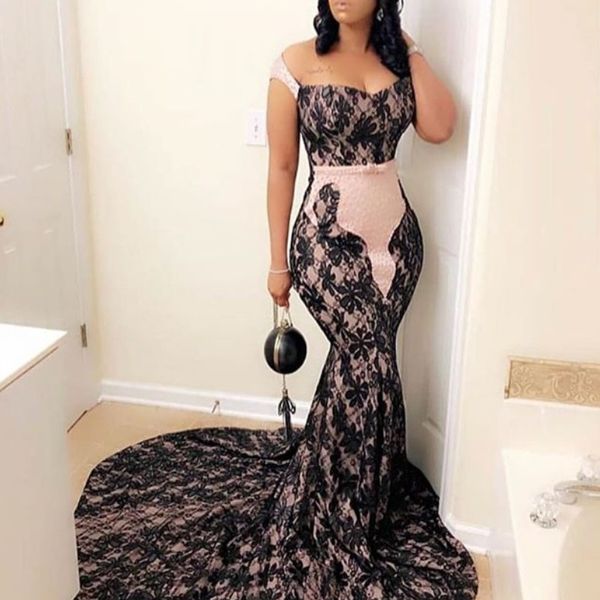 

mermaid black lace prom dresses off shoulder sleeveless zipper back party gowns formal wear glamorous plus size long evening dresses
