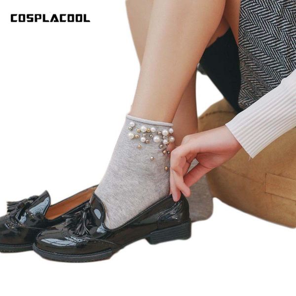 

cosplacool]new handmade pearl gold silver cute fashion cotton edge socks women funny short meias girl harajuku calcetines mujer, Black;white