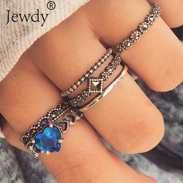 

6pcs/set blue crystal wedding rings hollow heart statement cubic ziron knuckle ring women party jewelry valentine's day gift, Golden;silver
