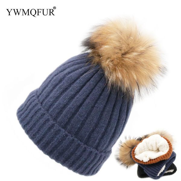 

winter hats for women solid color knitted wool girl hat with real raccoon fur ball female beanies caps 2018 new arrival ywmqfur