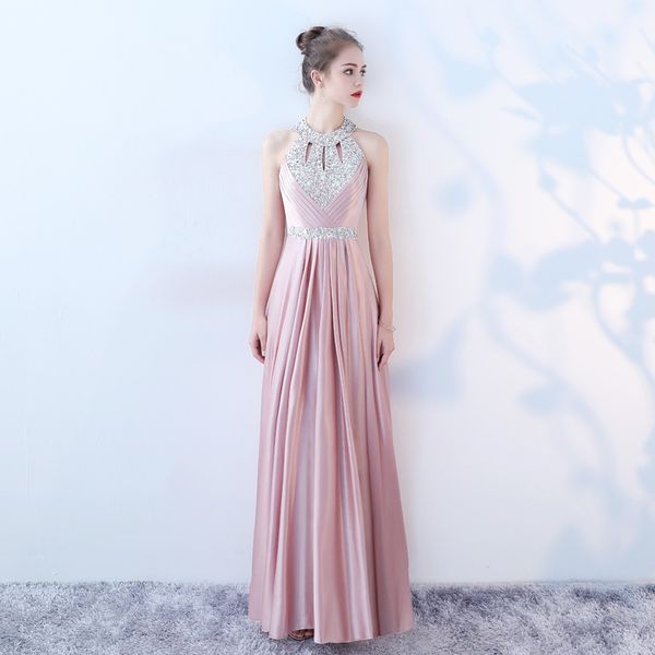 

blush pink halter neck satin bridesmaid dress 2018 long evening dresses beaded formal dresses floor length, White;pink