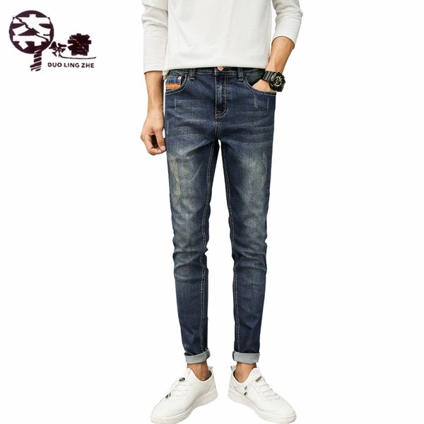

men's jeans classic direct stretch dark blue business casual denim pants slim scratched long trousers gentleman cowboys