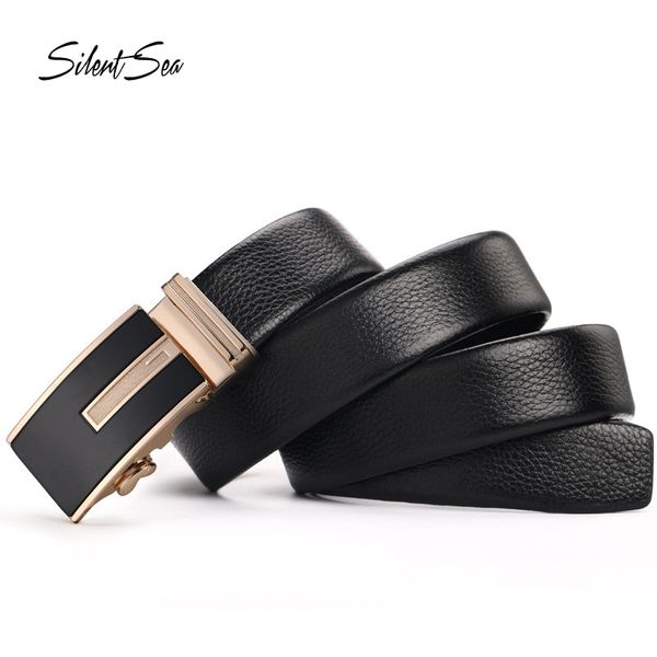

silentsea men belt genuine leather luxury belts for men metal automatic buckle gentleman cowskin belt soft, Black;brown