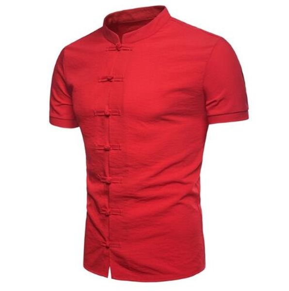 Ultima tendenza camicia colletto da uomo estate nuovo stile cinese disco fibbia tinta unita camicia casual a maniche corte vestito di marca
