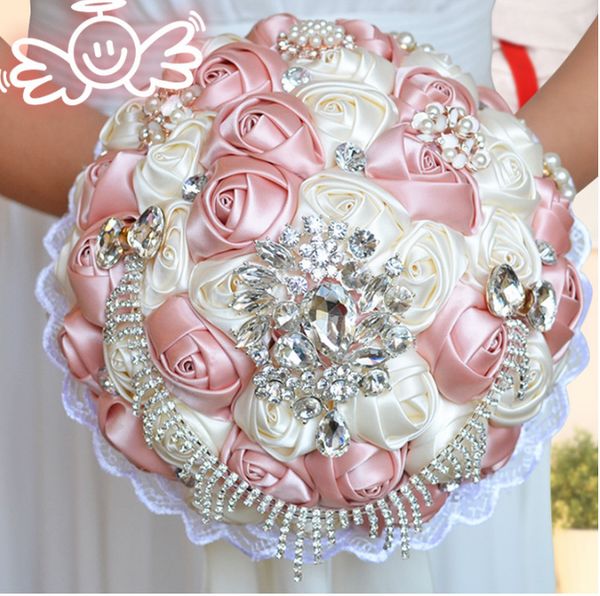 

spring handmade flowers satin bridal bouquets bling bling crystal brooch artificial rose wedding supplier bouquet sale 2021
