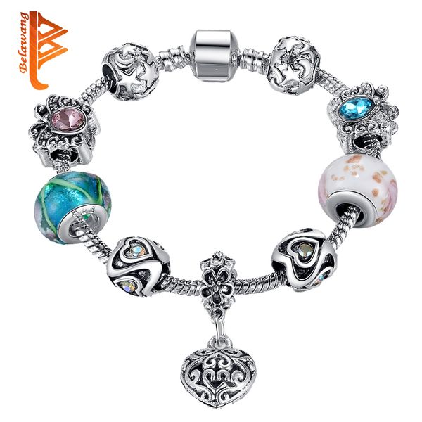

belawang christmas gift antique silver charm bracelet & bangle with love and crystal beads bracelet for women wedding jewelry, Golden;silver