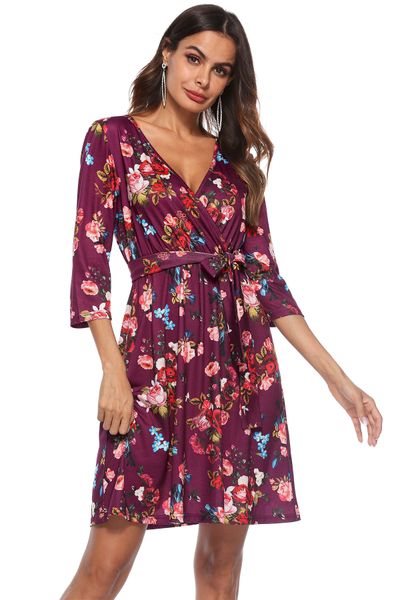 

Womens Casual Sexy Floral Printed Dresses Female Long Sleeve V Neck Summer Spring Casual Evening Dresses Free Shipping