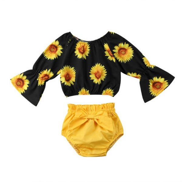 

2018 floral printed children's sets summer toddler kids baby girls long sleeve sunflower shorts outfits black 1-5t, White