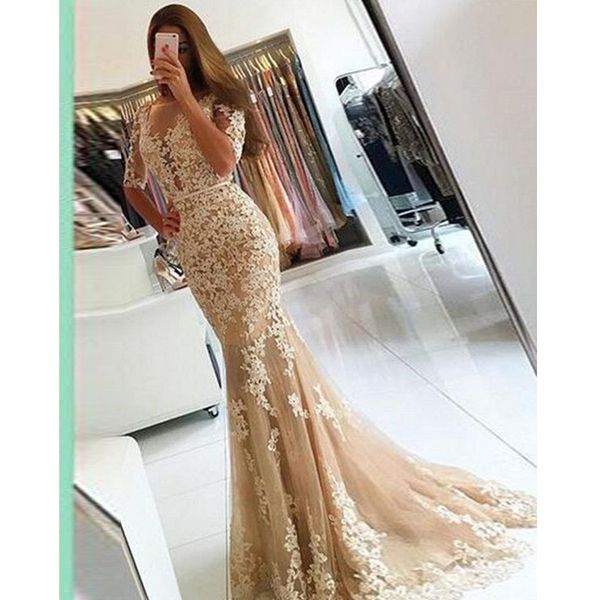 

charming long mermaid evening gown lace appliques prom dress half sleeves open back formal gowns custom made, Black
