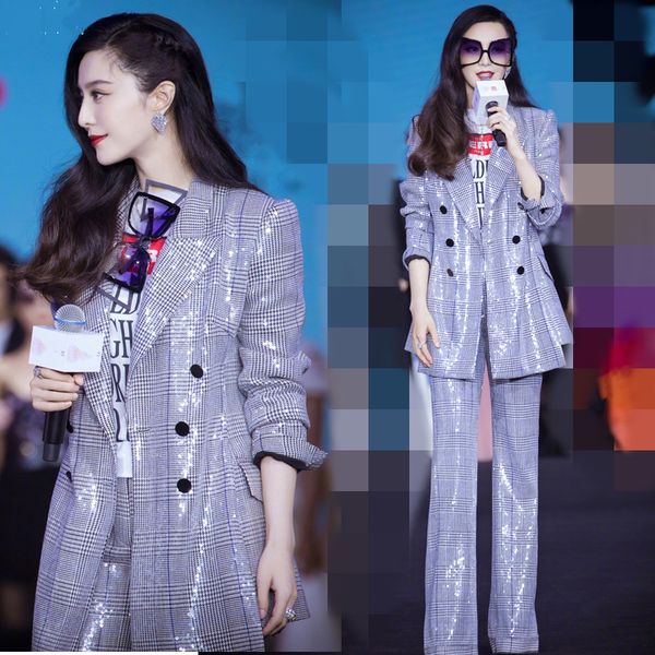 

high end fashion women autumn winter double breasted palid print bling jacket suit + long pant set runway work office suit, White