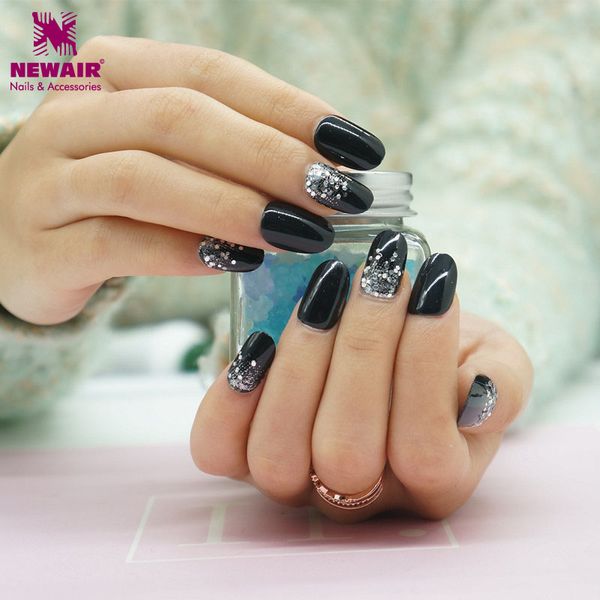 

shining silver black cured oval false nail with adhesive sticker acrylic fake fingernails tip for salon nail art, Red;gold