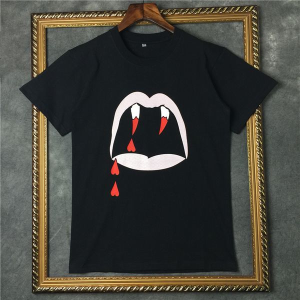 

2018 street fashion blood tooth print t-shirt summer men t shirt cotton vampire short-sleeved tee tshirts, White;black