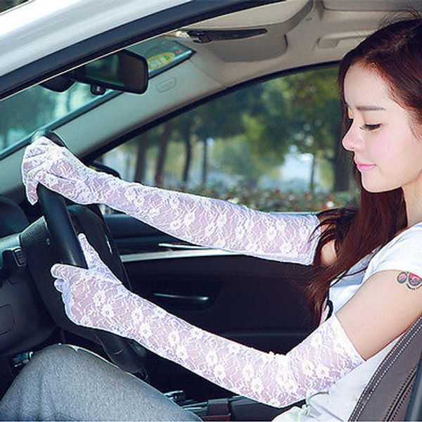 

women summer lace sun block uv protection driving long gloves mittens anti-skid lace arm warmers, Blue;gray