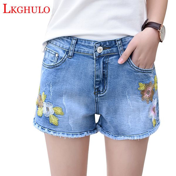 

lkghulo fashion women summer high waist embroider denim short ripped jeans short casual shorts size 25-32 w117, Blue
