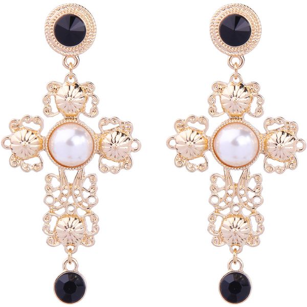 

new arrival women vintage statement cross dangle earrings luxury baroque bohemian pearl drop earrings for lady 2018, Silver