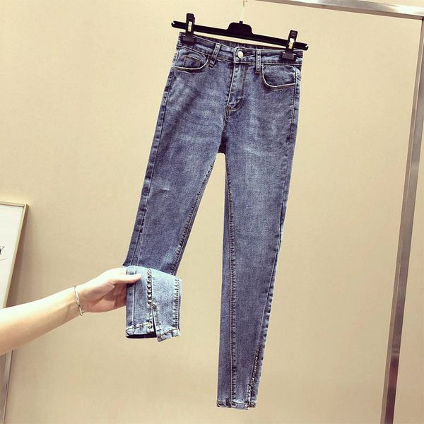 

pencil jeans skinny split hems ankle length zipper woman 2018 spring autumn jeans mujer light blue high waist streetwear