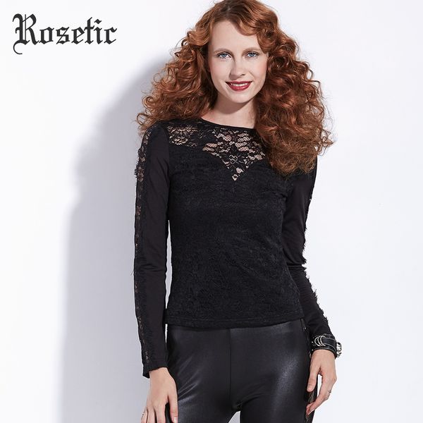 

rosetic gothic women autumn t-shirt black patchwork hollow lace slim fashion street tees lady office wild goth t-shirt, White