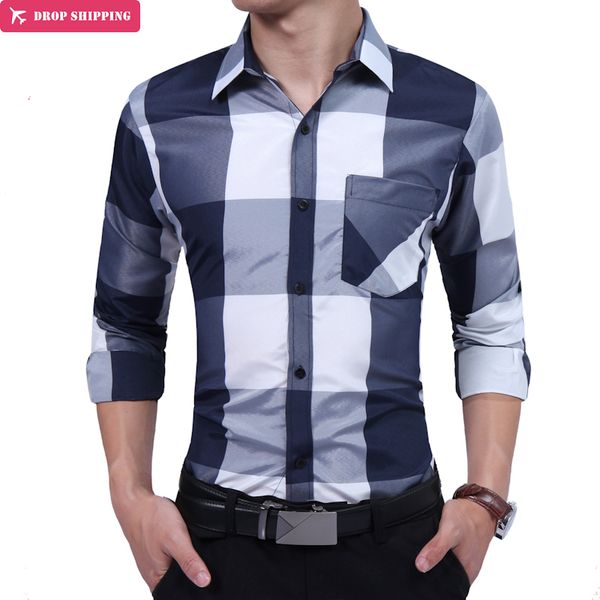 

men's clothing brand 2017 fashion male shirt long-sleeves oversize plaid mens dress shirts slim men shirt -3xl, White;black