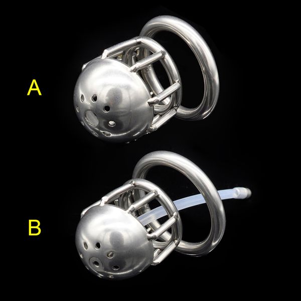 2 stili piccoli dimensioni di piccole dimensioni maschio in acciaio inossidabile gage anello di castità del pene con giocattoli sessuali BDSM a catetere a silicone lungo per gli uomini