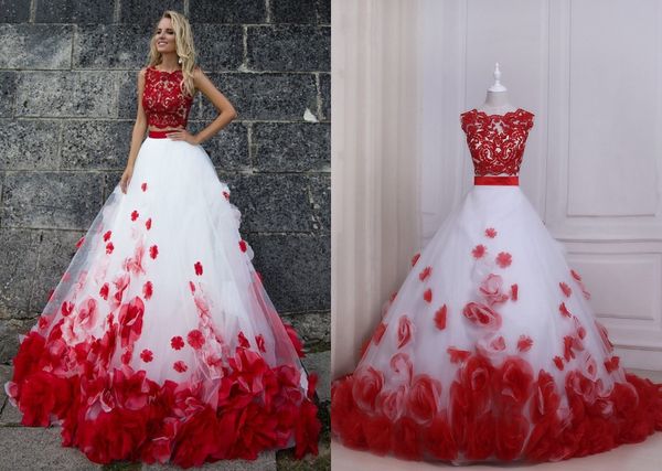 red and white floral prom dress