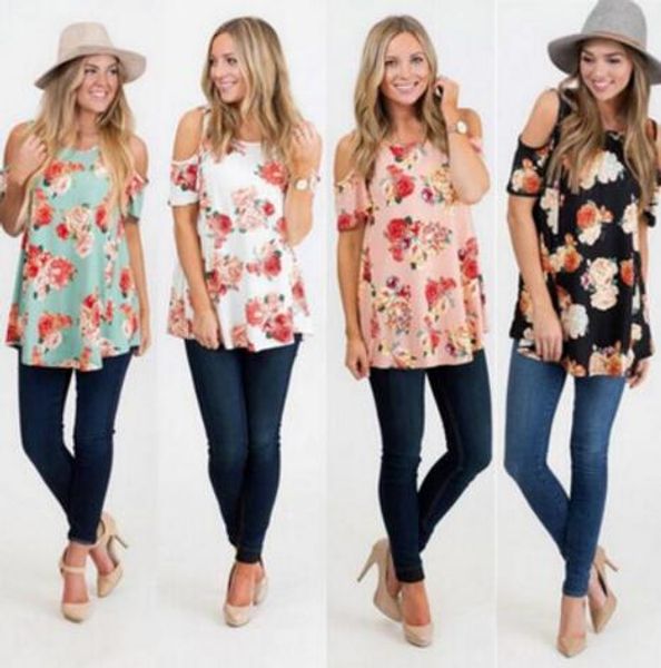 

summer women t-shirt shirt flower floral fashion short tee print slim jumper shoulder casual off 2018 sleeved blouse ladies nisvg, Black