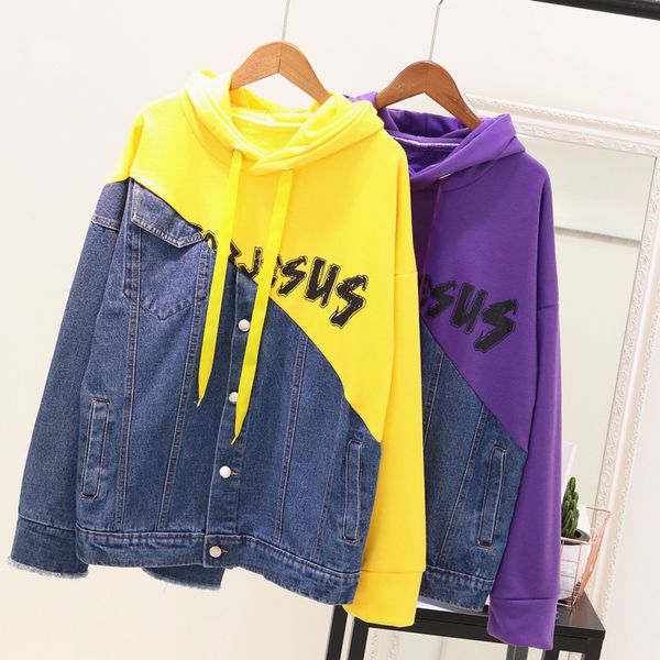 

2018 autumn new women patchwork spelling hooded cowboy jacket female student loose long-sleeved denim jacket jeans outwear, Black;brown