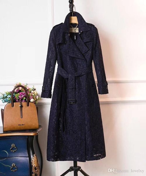 

Ladie new lace windbreaker double brea ted long ection lace lim pring coat jacket windbreaker hipping