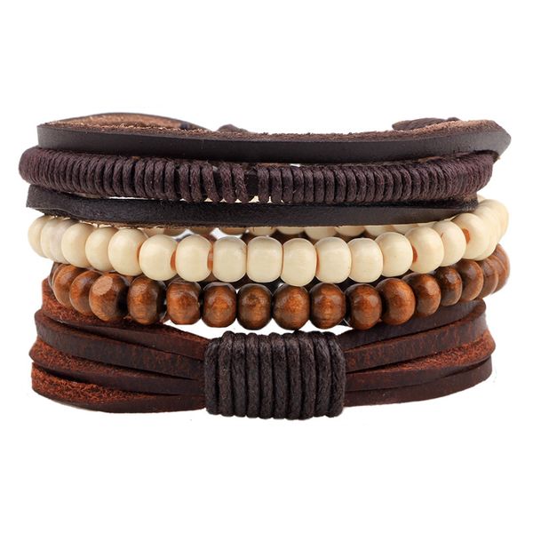 

vintage fashion multilayer braided leather bracelet for men women with wood bead wrap charm bracelets men jewelry pulseras, Golden;silver
