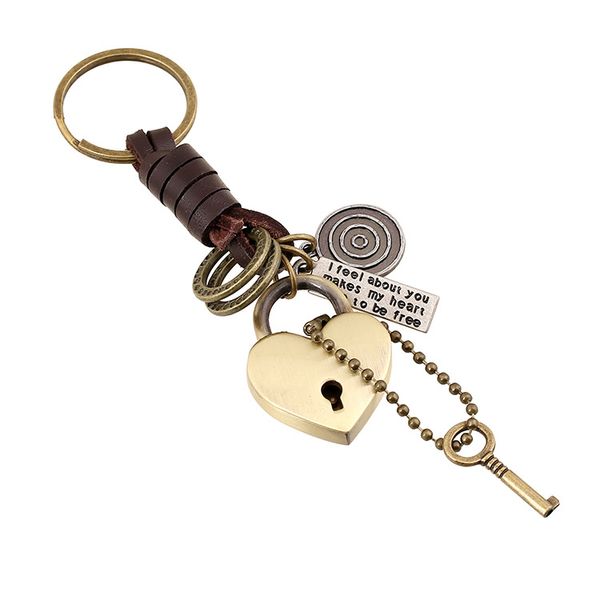 

men's retro cowhide key chain love key metal alloy ring bag pendant punk leather keychain, Silver