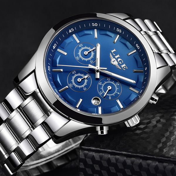 

new luxury lige brand quartz watches men business date chronograph stainless steel watch male gifts clock relogio masculino+box, Slivery;brown