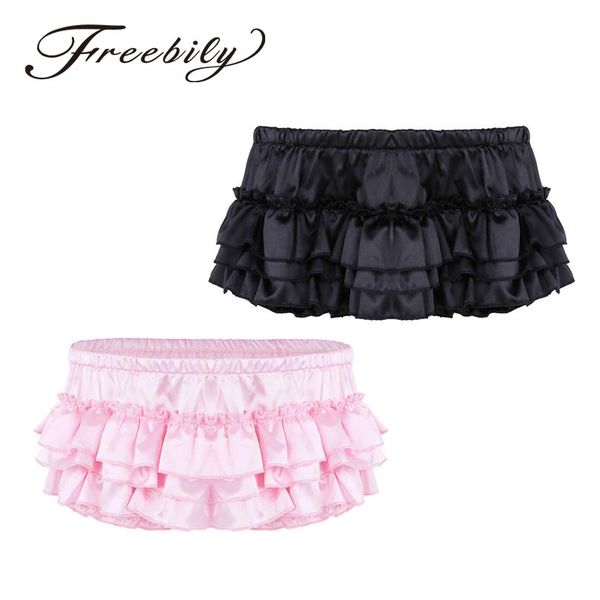 

mens lingerie soft shiny sissy briefs satin ruffled bloomer tiered skirted panties sissy briefs good stretchy underwear panties, Black;white