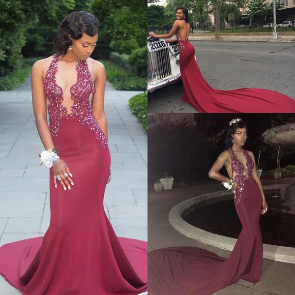 

2018 new burgundy halter deep v neck mermaid prom dresses lace appliqued beaded backless long evening party gowns black girls wear
